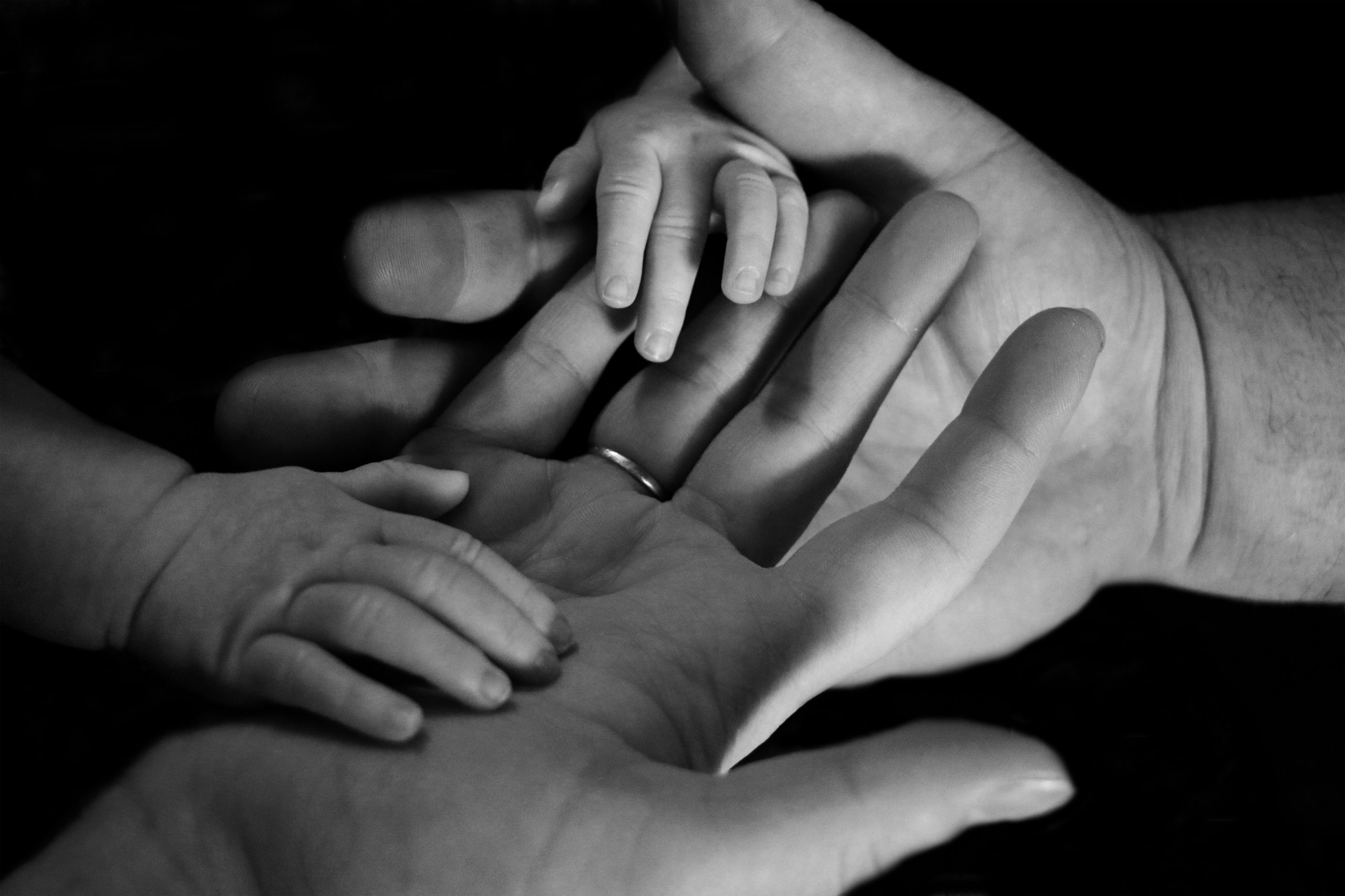 Hands of a mum, dad and child