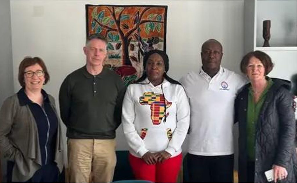 Ruth (centre) and Fr John (second from right) pictured on a visit to Misean Cara with (L – R): 
Misean Cara’s Marie Therese Fanning (HR / Operations) and John Moffett (CEO), and Spiritan Overseas Development Officer, Connie O’Halloran.
